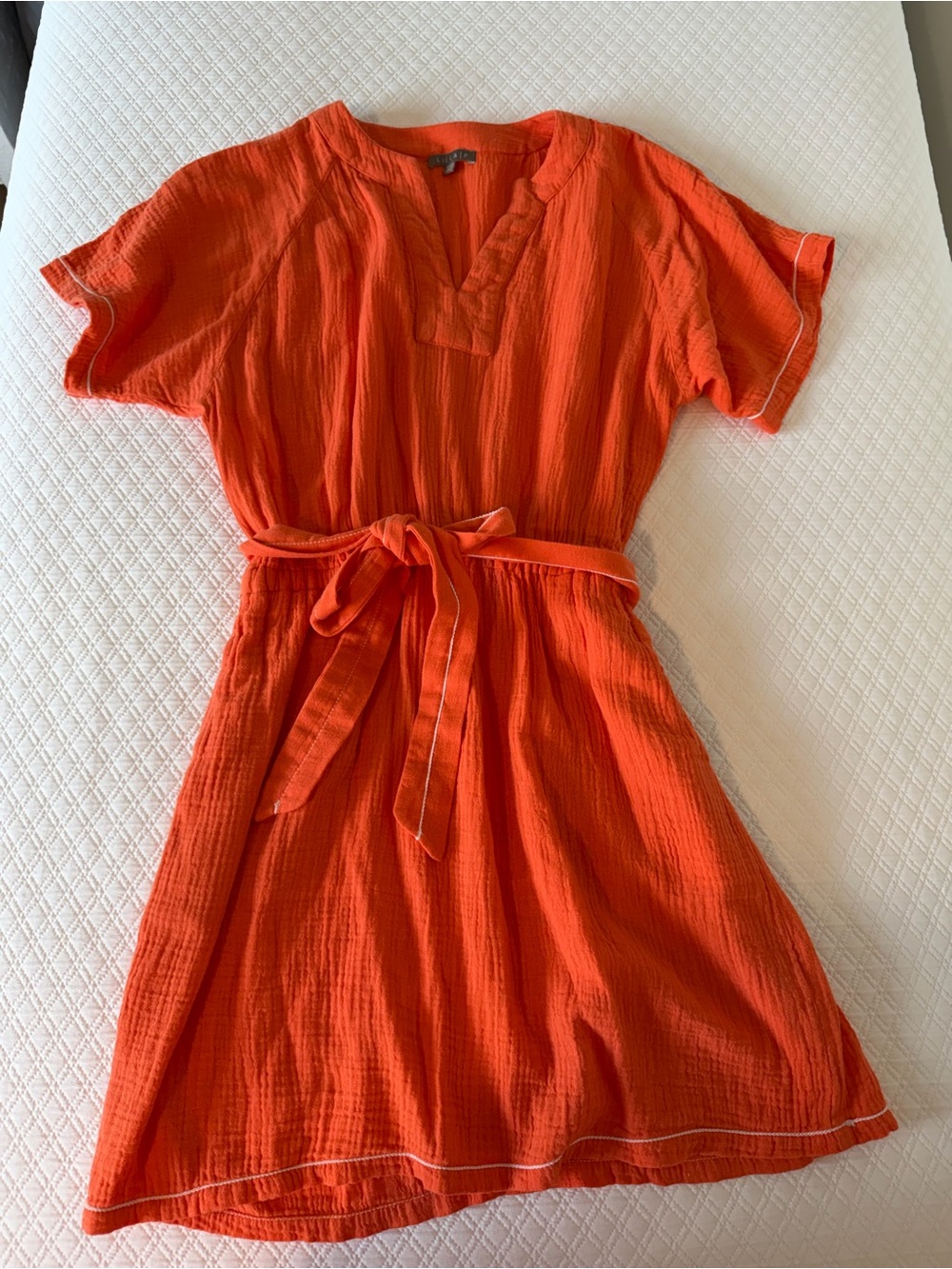Bright Orange Short Sleeve Tie-Waist Gauze Dress